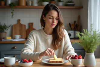 Jeune femme mangeant du pain complet au petit déjeuner