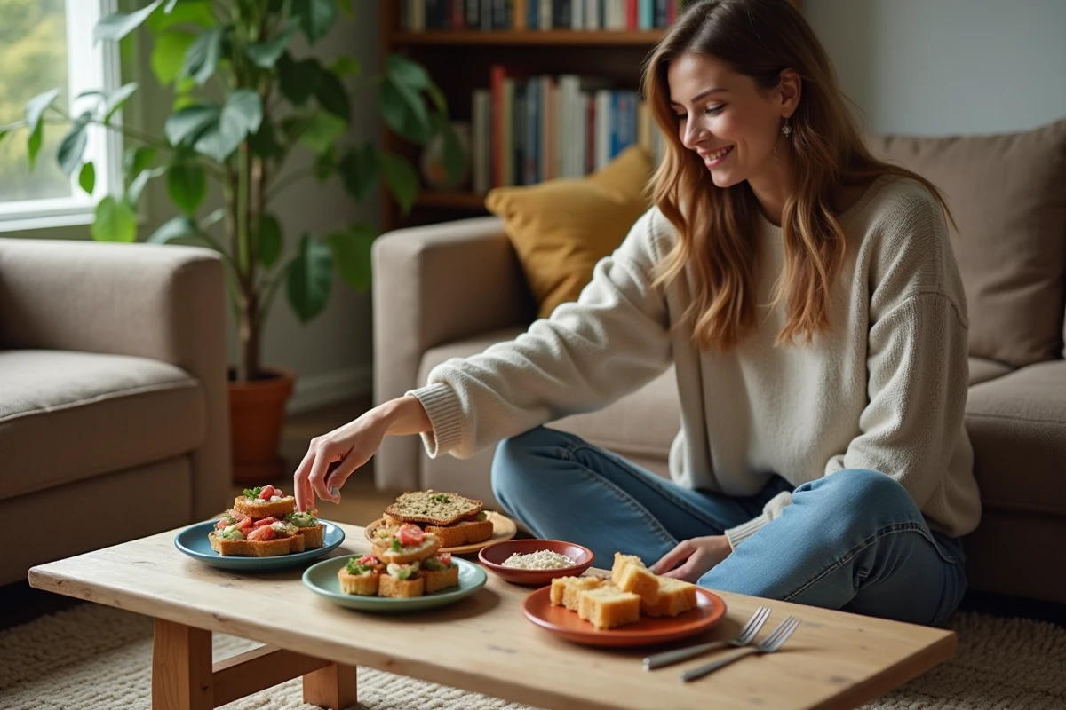 Jeune femme préparant des snacks dans un salon chaleureux