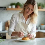 Femme en cuisine préparant une bouchée à la reine avec soin
