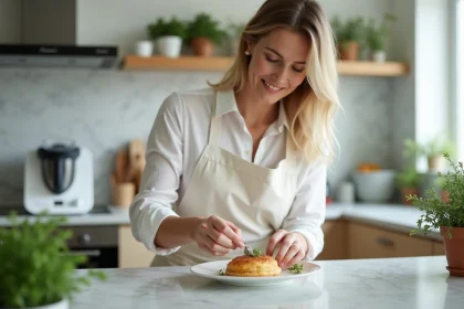 Femme en cuisine préparant une bouchée à la reine avec soin