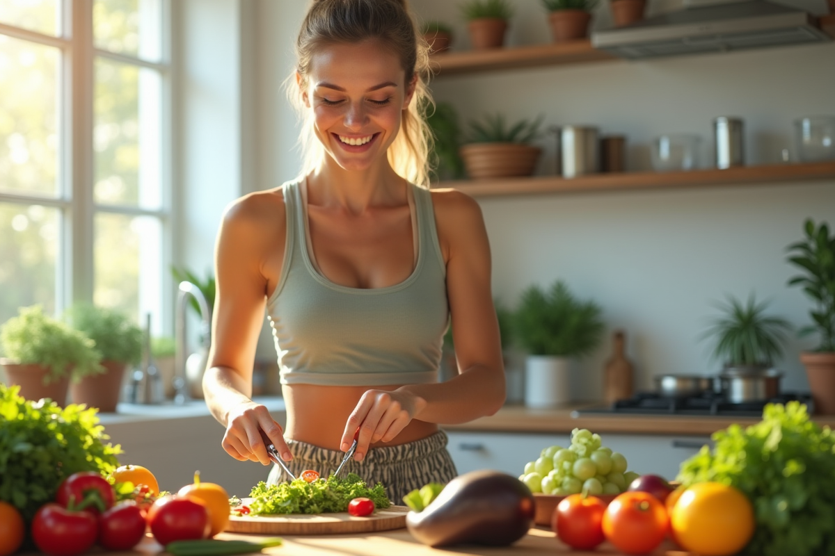 Jeune femme préparant une salade saine dans une cuisine lumineuse