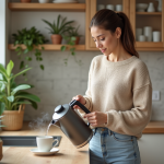 Femme en cuisine moderne préparant du thé avec une bouilloire électrique