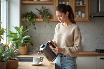 Femme en cuisine moderne préparant du thé avec une bouilloire électrique
