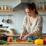 Femme en cuisine coupant des légumes frais pour un plat sain