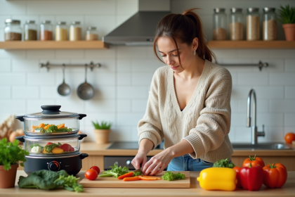 Femme en cuisine coupant des légumes frais pour un plat sain