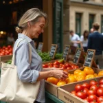 Femme choisissant des tomates anciennes chez un primeur local au marché de plein air en ville