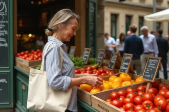Femme choisissant des tomates anciennes chez un primeur local au marché de plein air en ville