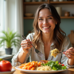 Femme souriante dégustant un repas équilibré dans une cuisine lumineuse