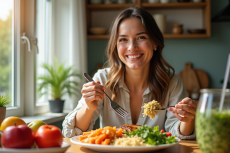 Femme souriante dégustant un repas équilibré dans une cuisine lumineuse