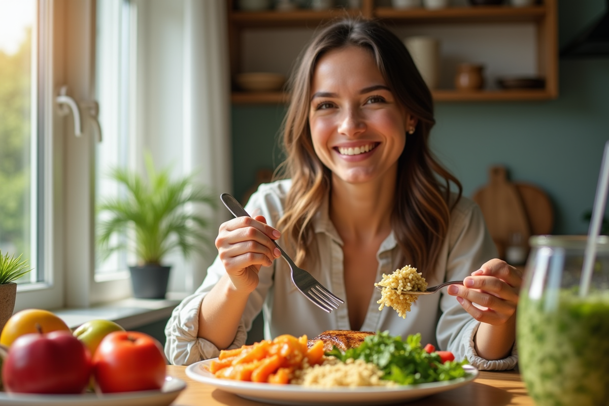 Femme souriante dégustant un repas équilibré dans une cuisine lumineuse