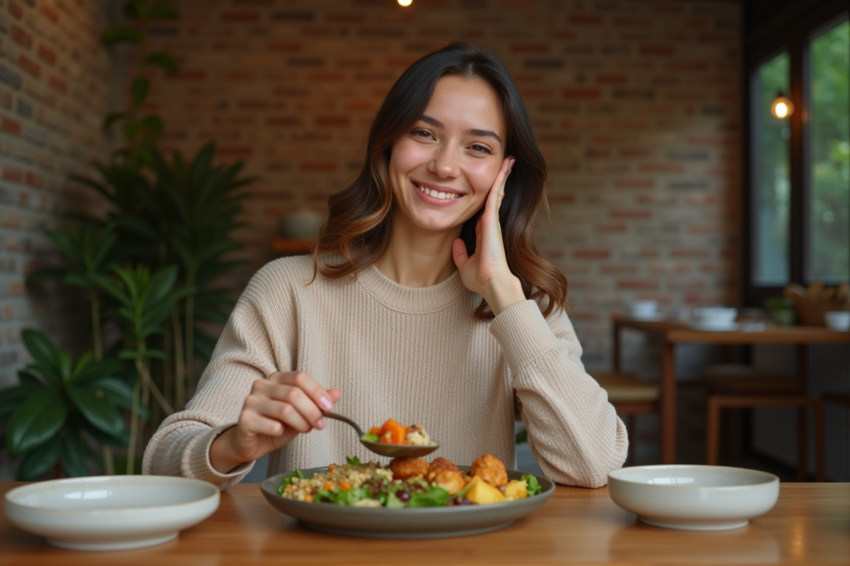 Jeune femme servie un plat de proteines végétales dans une salle moderne