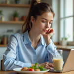 Jeune femme en cuisine avec shake repas et tablette