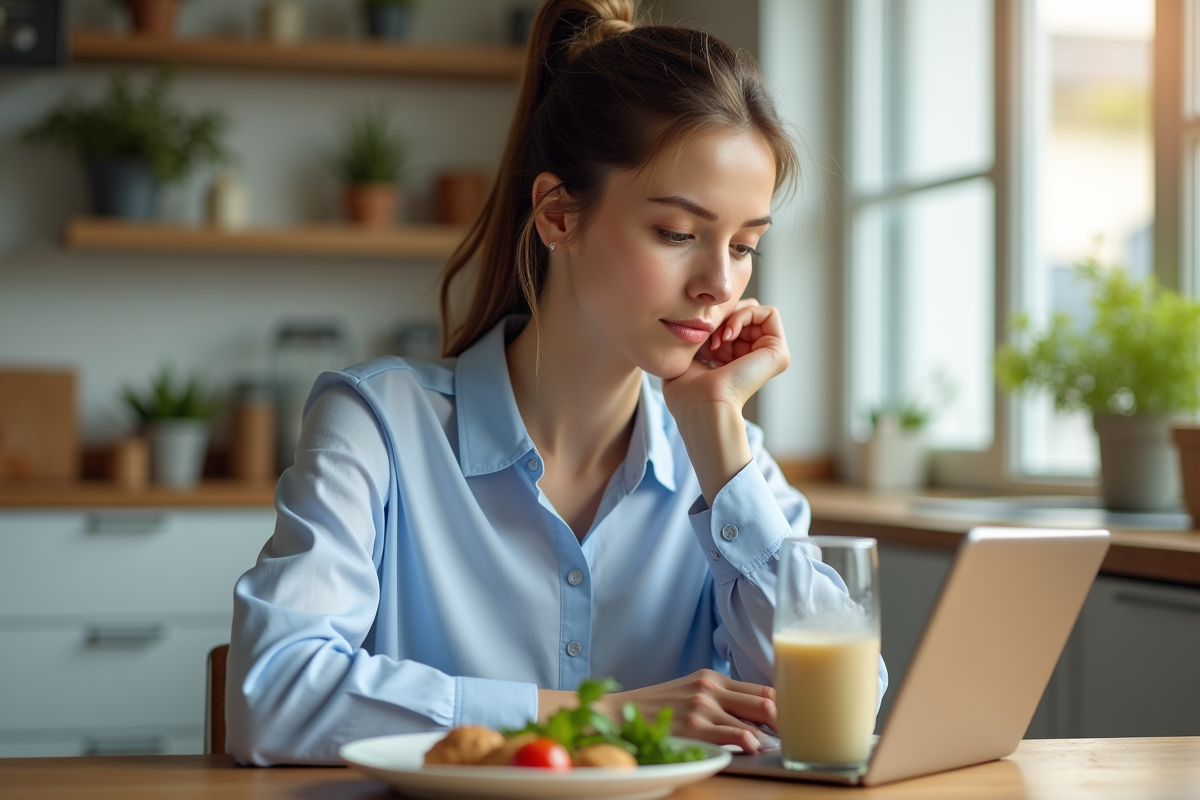 Jeune femme en cuisine avec shake repas et tablette