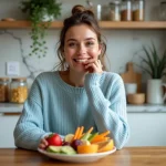 Femme souriante dégustant des fruits frais dans une cuisine moderne