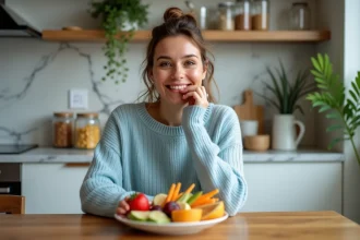 Femme souriante dégustant des fruits frais dans une cuisine moderne