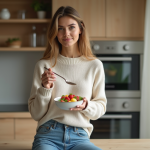 Femme en sweater mangeant salade de fruits saine