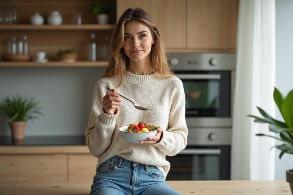 Femme en sweater mangeant salade de fruits saine