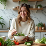 Jeune femme préparant une salade dans une cuisine moderne