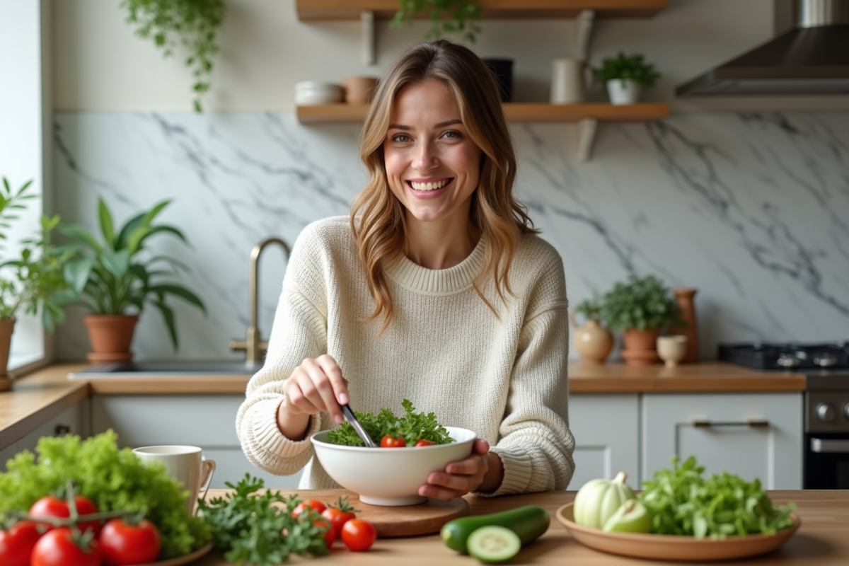 Jeune femme préparant une salade dans une cuisine moderne