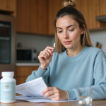 Femme en cuisine avec compléments alimentaires et capsule