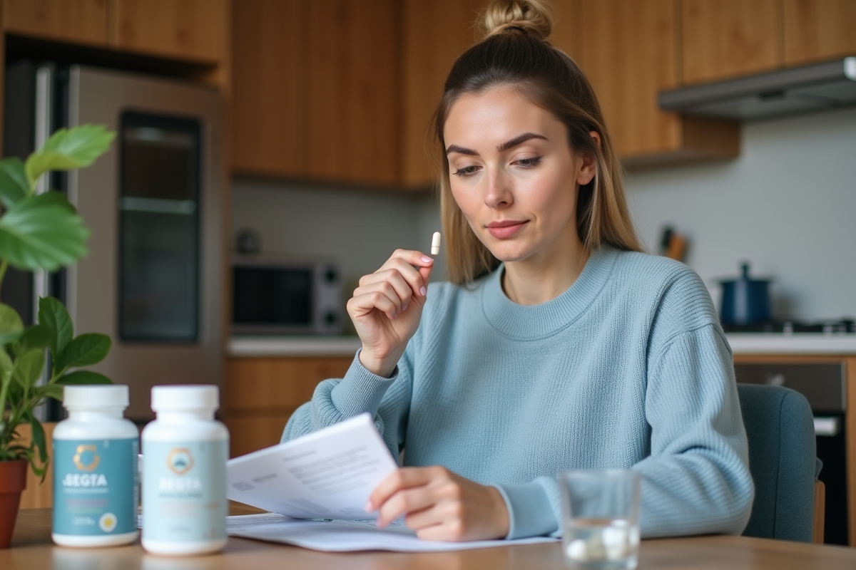 Femme en cuisine avec compléments alimentaires et capsule