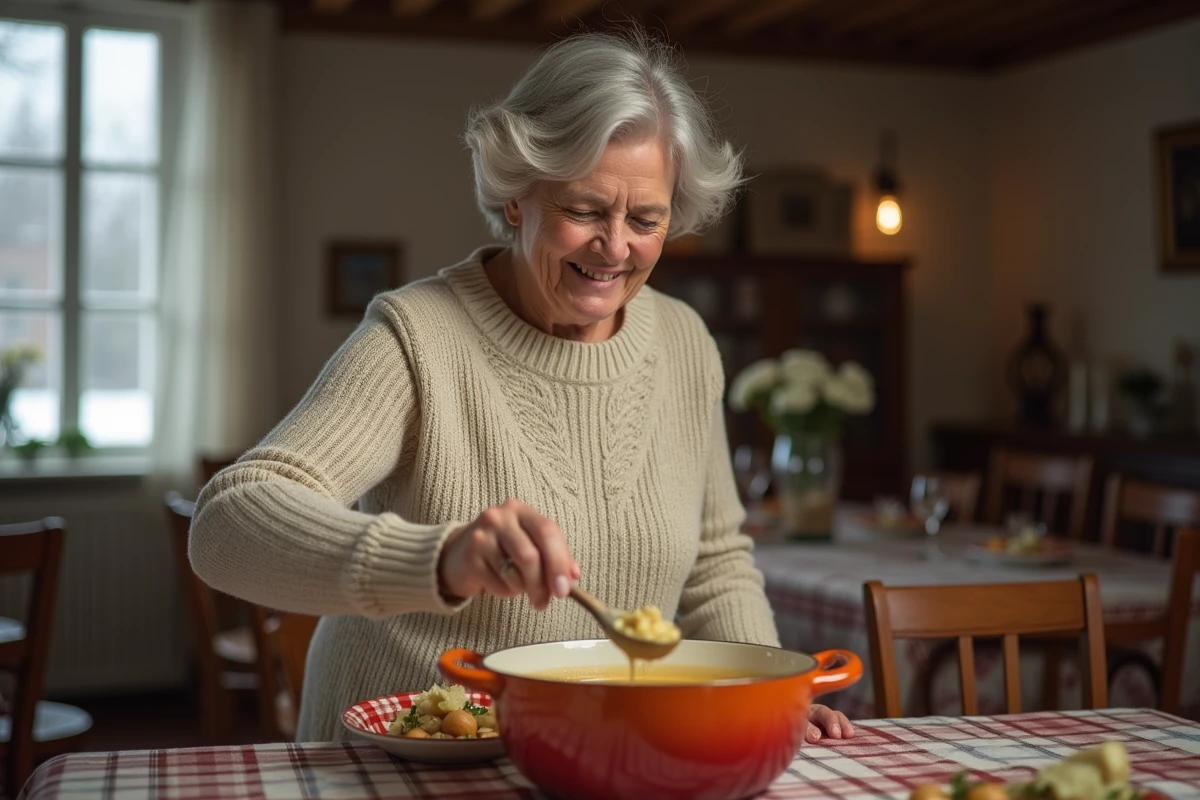 Femme servant une potée au chou fumante dans un bol depuis une cocotte en fonte émaillée dans une maison de campagne