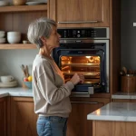 Femme inspectant un four encastré dans la cuisine moderne