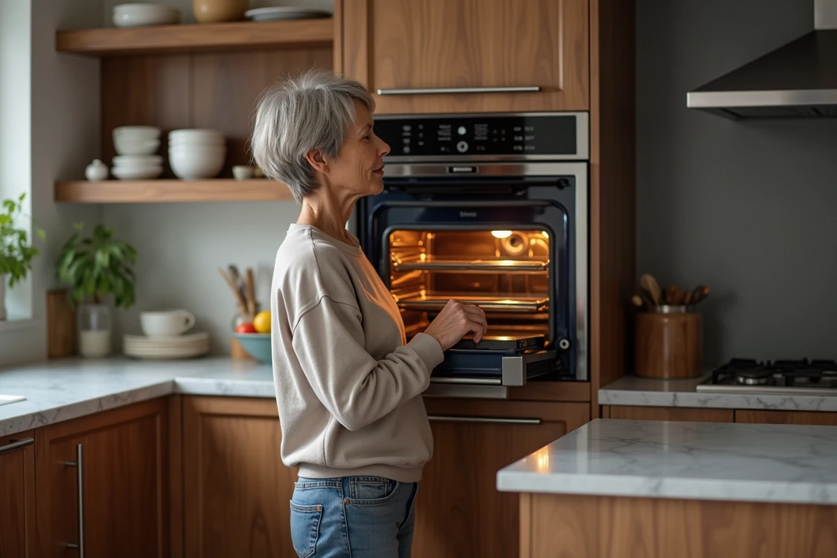Femme inspectant un four encastré dans la cuisine moderne