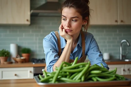 Femme examinant des haricots verts bio dans la cuisine