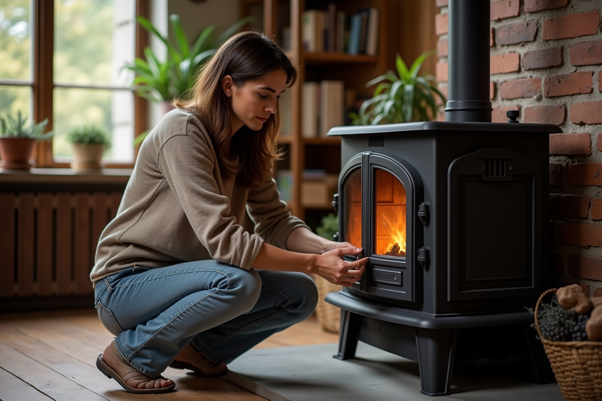Femme inspectant un poêle en fonte dans un salon chaleureux