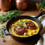 Filet mignon en cocotte avec sauce moutarde à l'ancienne, garni de thym frais et d'oignons grelots sur une table en chêne rustique