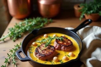 Filet mignon en cocotte avec sauce moutarde à l'ancienne, garni de thym frais et d'oignons grelots sur une table en chêne rustique