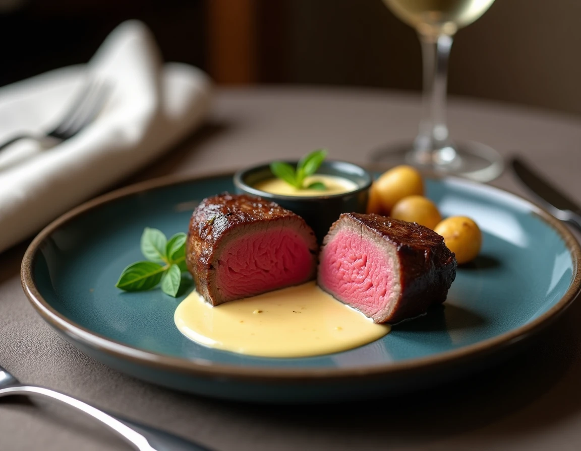 Tranche de filet mignon rosé dressée sur assiette en céramique avec sauce moutarde crémeuse et pommes de terre grenaille rôties