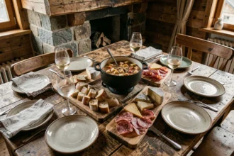 Table montagnarde dressée avec une fondue savoyarde et des spécialités fromagères dans un chalet rustique d'Annecy