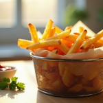 Frites dorées et croustillantes dans un panier moderne avec ketchup