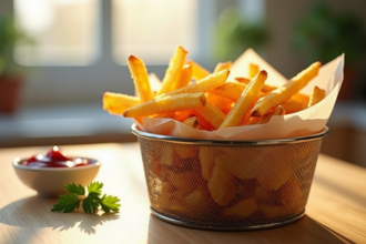 Frites dorées et croustillantes dans un panier moderne avec ketchup