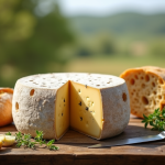 Table en bois avec fromage corse ouvert et pain frais