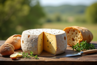 Table en bois avec fromage corse ouvert et pain frais