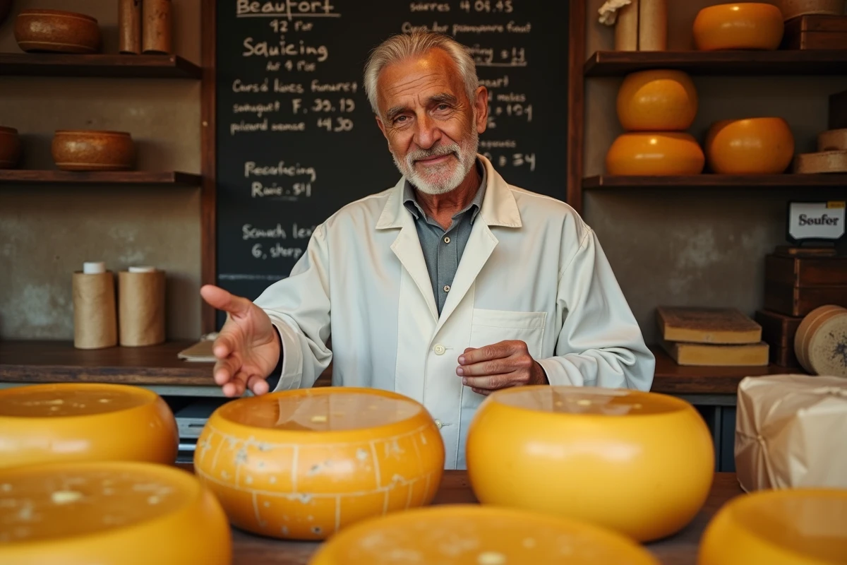 Fromager professionnel présentant des meules de Beaufort avec prix affichés dans une fromagerie traditionnelle