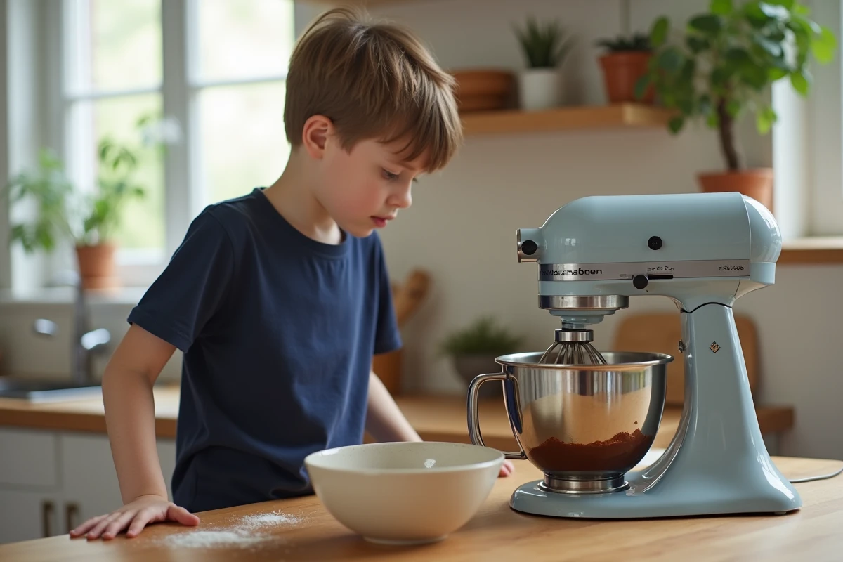 Garçon curieux regarde la creme au chocolat dans le mixeur