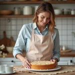 Femme garnissant un gâteau aux amandes dans une cuisine chaleureuse