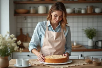 Femme garnissant un gâteau aux amandes dans une cuisine chaleureuse