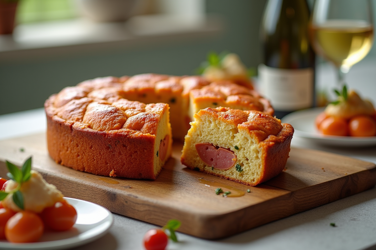 Gâteau de chorizo tranché sur une planche en bois avec herbes