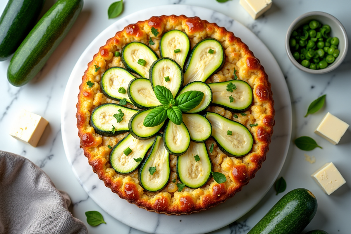 Gâteau de courgette et feta entier sur un plan de travail blanc