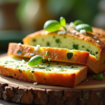 Gâteau de courgette et feta tranché sur une table en bois