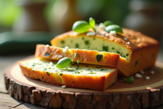 Gâteau de courgette et feta tranché sur une table en bois