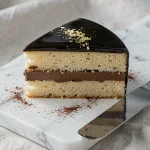 Gâteau opéra maison coupé en tranches révélant les couches de biscuit Joconde, crème au beurre café et ganache chocolat sur marbre blanc