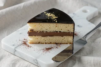 Gâteau opéra maison coupé en tranches révélant les couches de biscuit Joconde, crème au beurre café et ganache chocolat sur marbre blanc