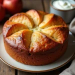 Gâteau au yaourt aux pommes façon Cyril Lignac, doré et moelleux, posé sur une assiette en céramique vintage sur une table en bois rustique