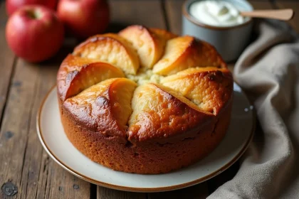 Gâteau au yaourt aux pommes façon Cyril Lignac, doré et moelleux, posé sur une assiette en céramique vintage sur une table en bois rustique